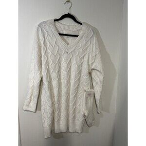 no comment Cable-Knit Pullover Sweater Ivory V-Neck Long Sleeve M with Socks